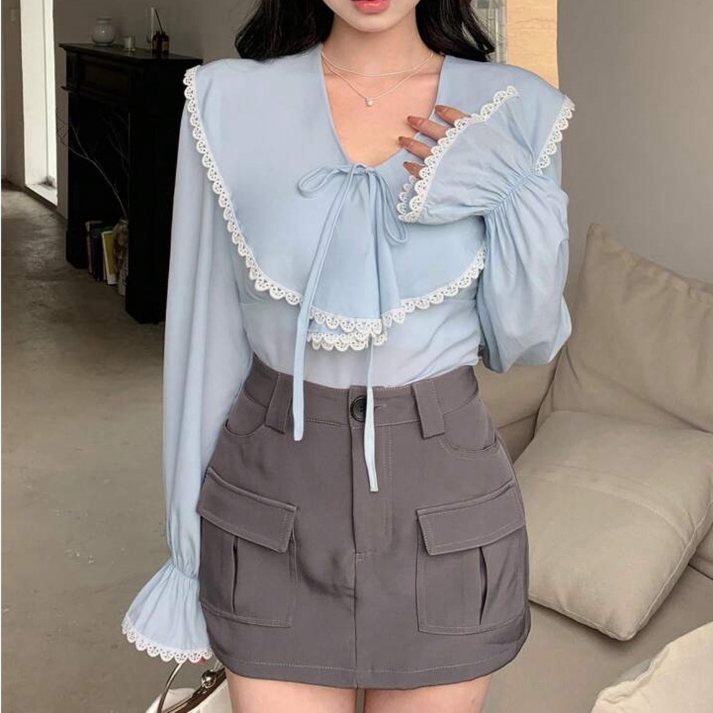 New Lace Trimmed Ruffle Sleeve Shirt Blouse - Picture 10 of 13